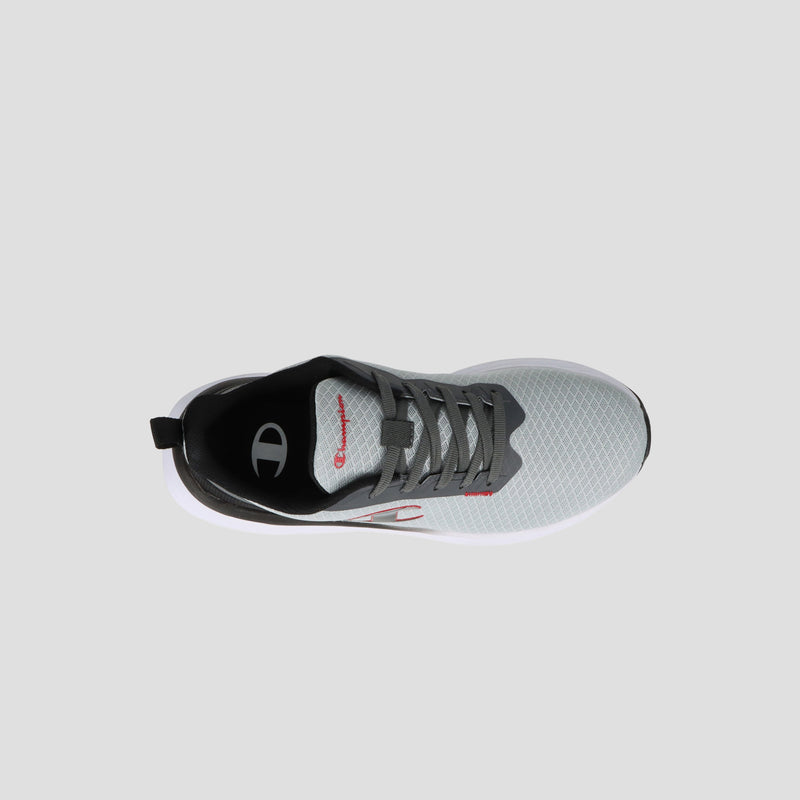 Top view of the Champion Men's Ch Zk 1 Highrise sneaker in gray with black laces, cushioned midsole, white sole, black heel tab, and subtle red logo accents on a light gray background for a modern look.