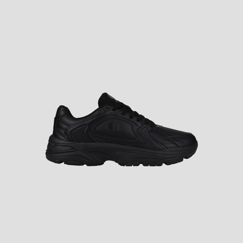 The Champion Men's Ch Twr 1 is a black lifestyle trainer made from synthetic leather with laces, a textured design, and a thick cushioned EVA sole, shown on a plain light gray background.