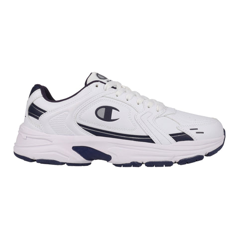 White athletic shoe with navy accents on a white background