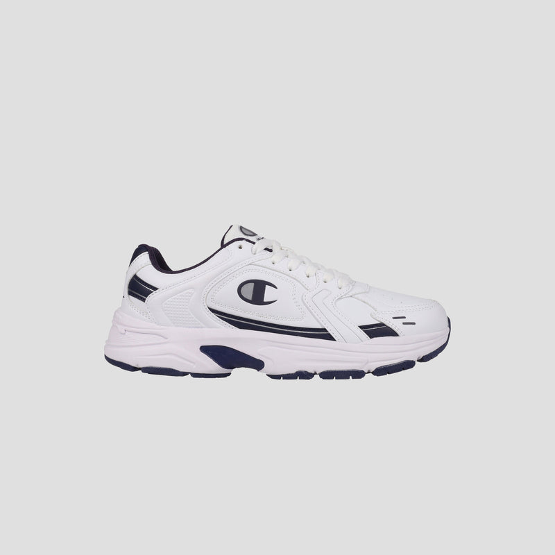 The Champion Men's Ch Twr 1 sneaker features a white synthetic leather upper with navy and black accents, cushioned EVA for comfort, lace-up closure, Champion logo on the side, and a dark tread sole, set against a light gray background.