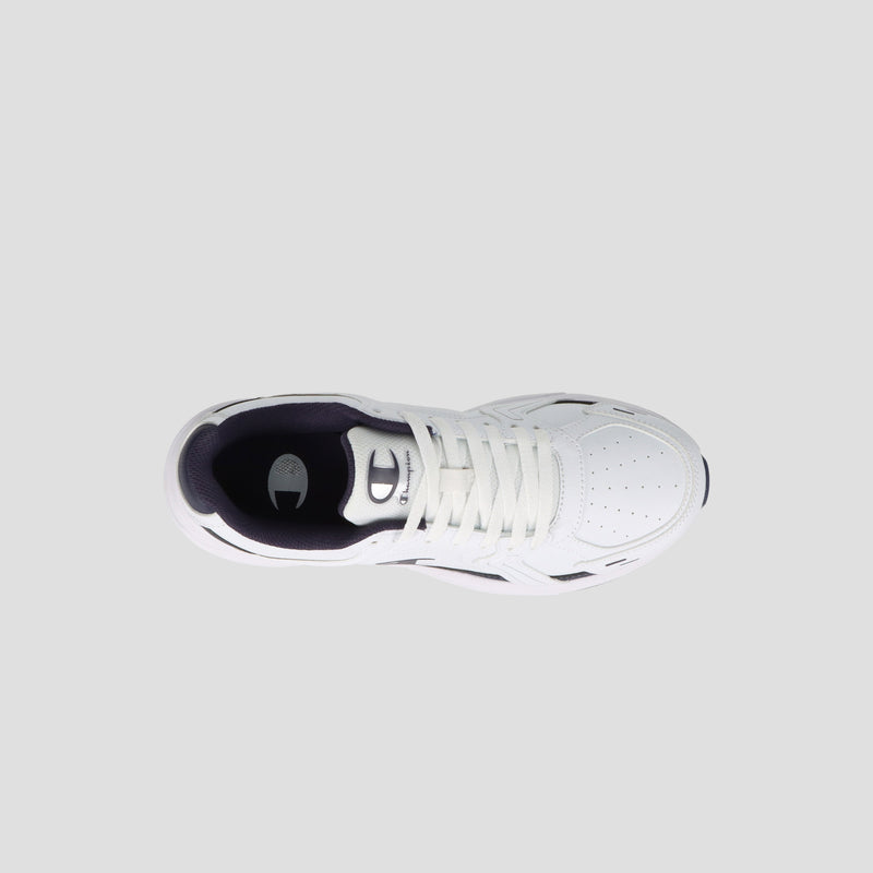 Top view of the Champion Men's Ch Twr 1 lifestyle trainer in white synthetic leather with white laces, perforated toe, cushioned EVA sole, dark interior lining, displayed on a light gray background.