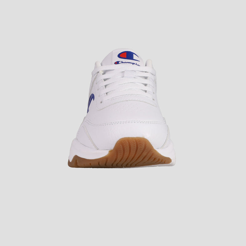 Front view of Champion Men's Hyper V3 Next sneaker, featuring a white mesh upper, brown rubber sole, blue and red Champion logo on the tongue, and Champion branding. Shoe is centered on a plain light gray background.
