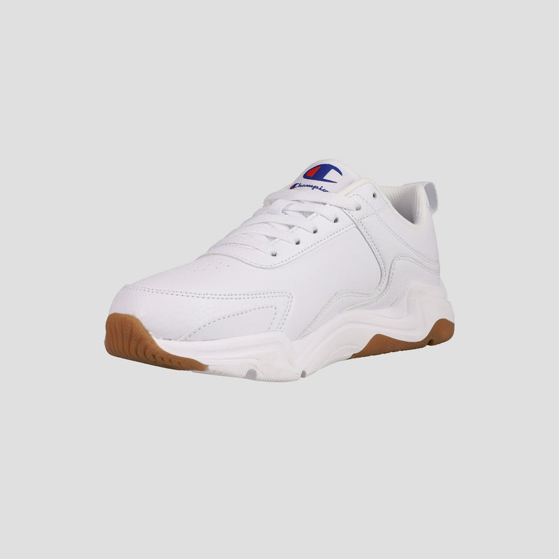 The Champion Men's Hyper V3 Next sneaker features a durable mesh upper, chunky sole, brown gum outsole, and a blue and red Champion logo on the tongue, shown against a light gray background.
