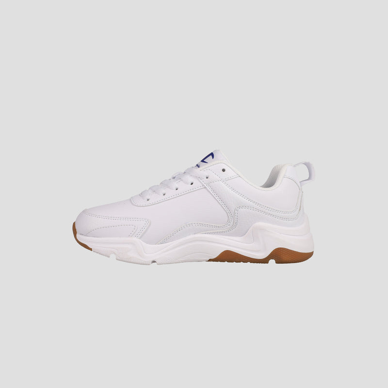 The Men's Hyper V3 Next by Champion is a white athletic lifestyle sneaker with a chunky tan-brown sole, durable mesh upper, white laces, stitching accents, and a heel pull tab, shown on a light gray background.