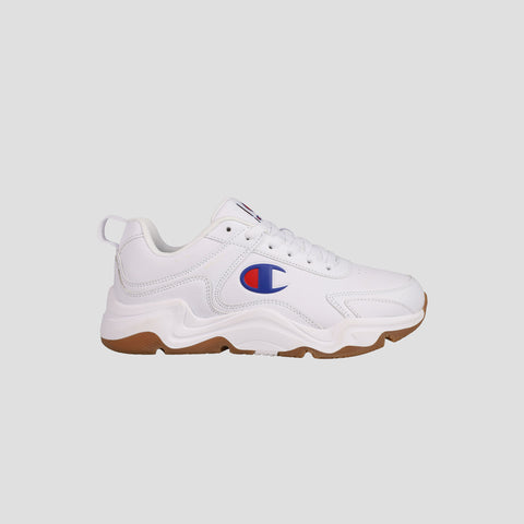 The Men's Hyper V3 Next by Champion features a white mesh upper, chunky brown sole, and blue and red Champion logo on the side, shown against a plain light background.
