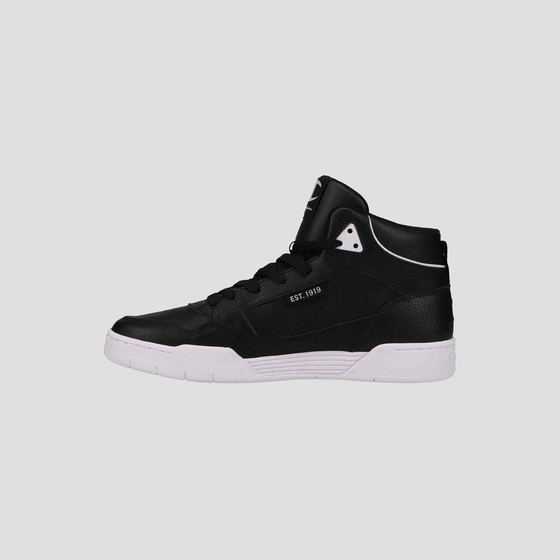 The Champion Men's 5-on-5 High, a black high-top sneaker with white accents, cushioned collar, and thick white sole, is shown in side profile on a light gray background.