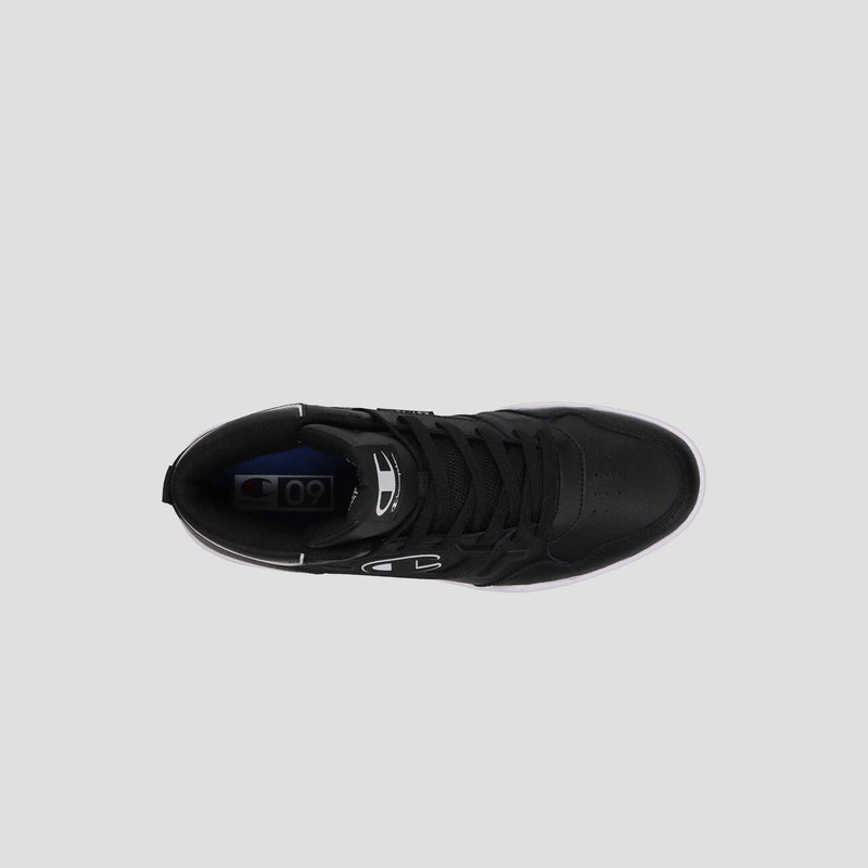 Top view of the Champion Men's 5-on-5 High black high-top sneaker with black laces, white sole, cushioned collar, and small white logos on the tongue and side, displayed against a plain light gray background.