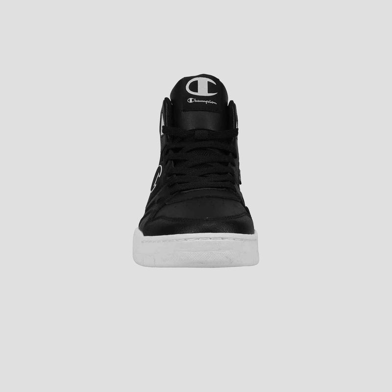 Front view of the Champion Men's 5-on-5 High high-top sneakers with a cushioned collar and white sole, displaying the white Champion logo on the tongue and side—ideal for a sporty-casual look against a light gray background.