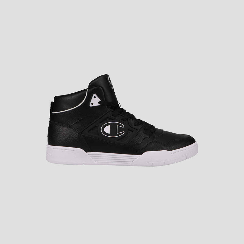 The Champion Men's 5-on-5 High is a black high-top sneaker with white accents, cushioned collar, white sole, and bold white Champion logo—ideal for sporty-casual looks. Shown against a plain gray background.