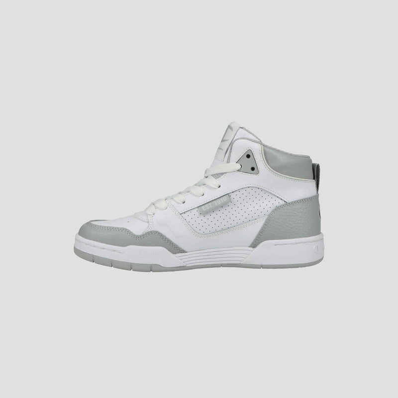 The Champion Men's 5-on-5 High is a white and light gray high-top sneaker with a cushioned collar, perforated side panel, lace-up closure, and flat sole—perfect sporty-casual footwear, shown on a plain light background.