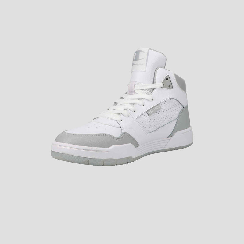 The Champion Men's 5-on-5 High is a white and light gray high-top sneaker with a lace-up front and cushioned collar, displayed at a slight angle on a light gray background.