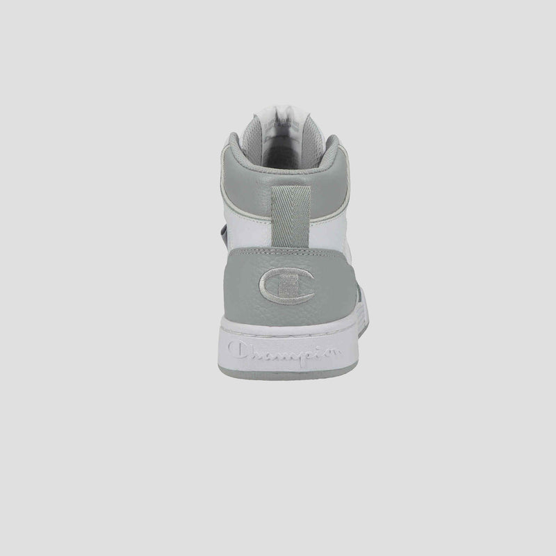 The Champion Men's 5-on-5 High is a gray and white high-top men's sneaker seen from the back, with a cushioned collar, Champion logo on the heel, and Champion text on the sole for sporty-casual style.