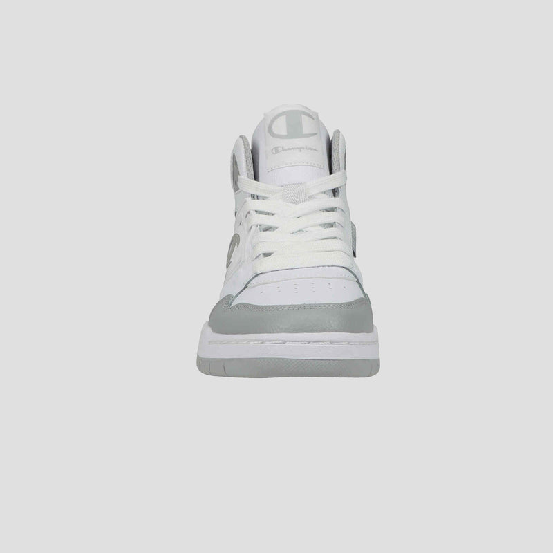 The Champion Men's 5-on-5 High is a white and light gray high-top sneaker with white laces, a cushioned collar, and a logo on the tongue for a sporty-casual look, shown from the front against a plain light gray background.