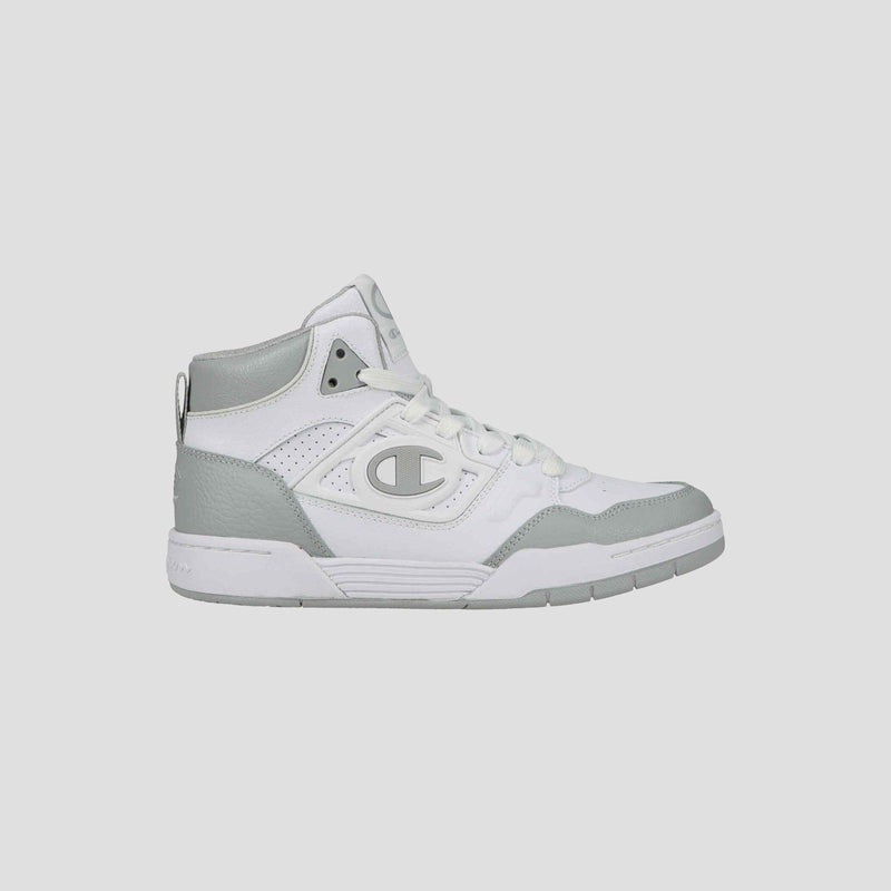The Champion Men's 5-on-5 High are white and light gray high-top sneakers featuring a side logo, cushioned collar for comfort, white laces, and a rubber sole—ideal sporty-casual shoes shown on a plain background.