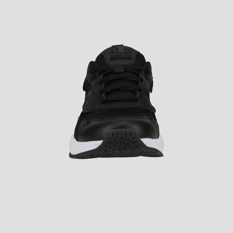 Front view of the Champion Men's 9318 Vale, a black all-purpose sneaker with leather and mesh upper and white sole, shown against a plain light gray background.