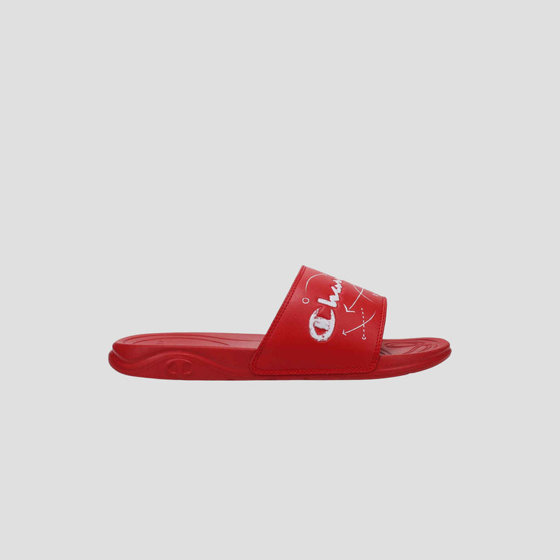 The Champion Men's Mega SFB Slide features a wide red strap with a white embroidered logo and design on top. Displayed on a plain light gray background, its contoured footbed offers everyday comfort.