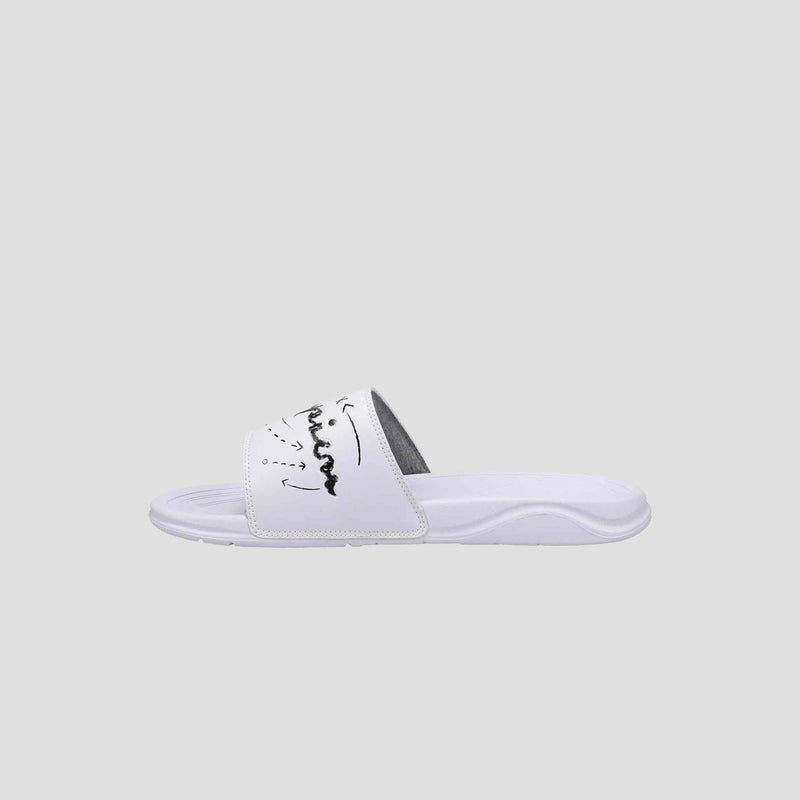 The Champion Men's Mega SFB Slide is a white sandal with a contoured footbed and a thick strap featuring black abstract design and text, shown on a plain light gray background.