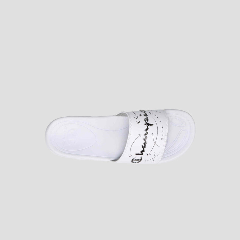 The Champion Men's Mega SFB Slide is a white sandal with a contoured footbed and a thick strap featuring black handwritten-style text and small designs, shown from above on a plain gray background.