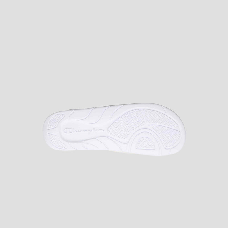 The image shows the white sole of the Men's Mega SFB Slide by Champion with a textured pattern and "Champion" embossed in the center, set against a plain light gray background.