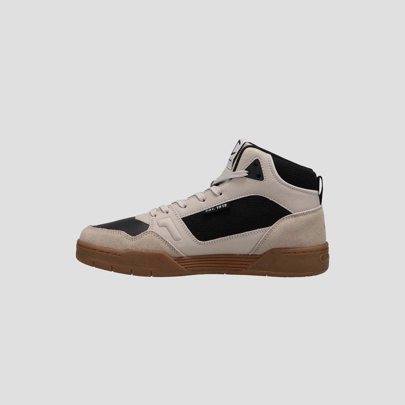 The Champion Men's 5-on-5 High is a high-top sneaker featuring a beige and black upper, white laces, cushioned collar, and brown rubber sole, shown against a plain light gray background.