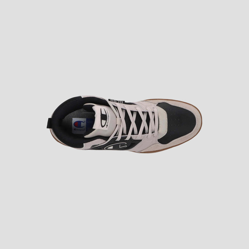 Top view of Champion Men's 5-on-5 High sneaker featuring light gray and black panels, cushioned collar, white laces, and a logo on the tongue, displayed against a plain light gray background.