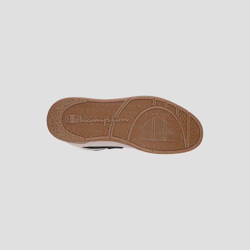 The image shows the sole of a brown Champion Men's 5-on-5 High sneaker with a textured tread pattern and "Champion" embossed in the center.