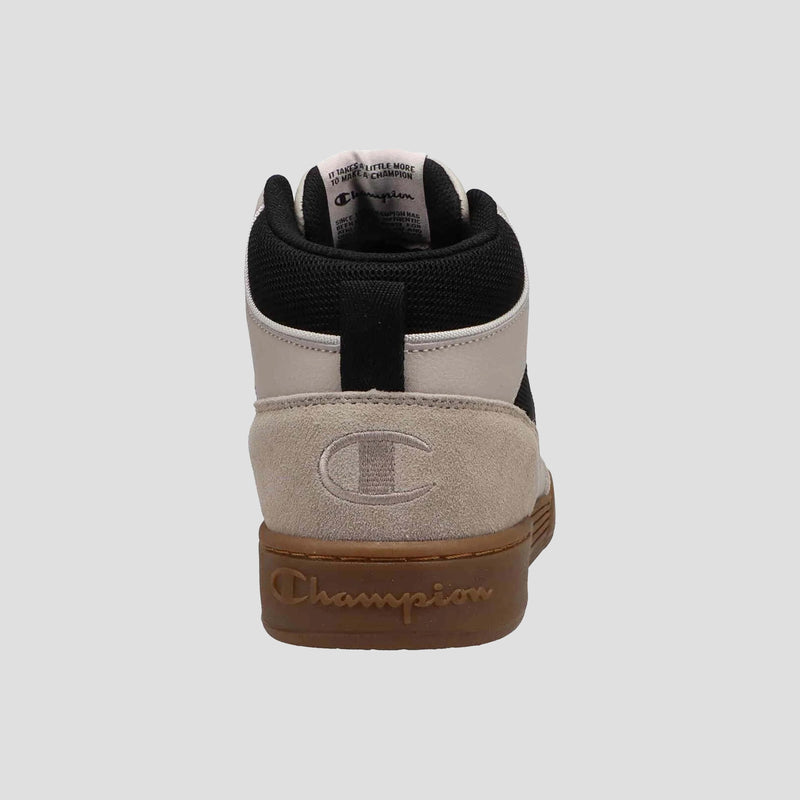 Rear view of the Champion Men's 5-on-5 High sneaker features a beige suede heel, white upper, cushioned collar, and brown sole. Embroidered with the Champion logo—ideal sporty-casual shoes for everyday wear.
