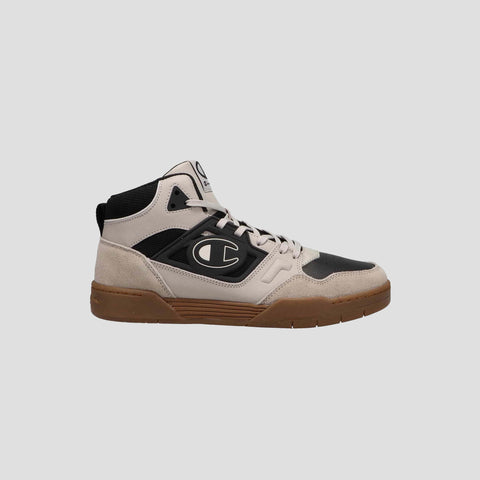 The Champion Men's 5-on-5 High is a beige and black high-top sneaker with a brown sole, cushioned collar, and Champion logos on the side and tongue, shown on a plain light gray background.