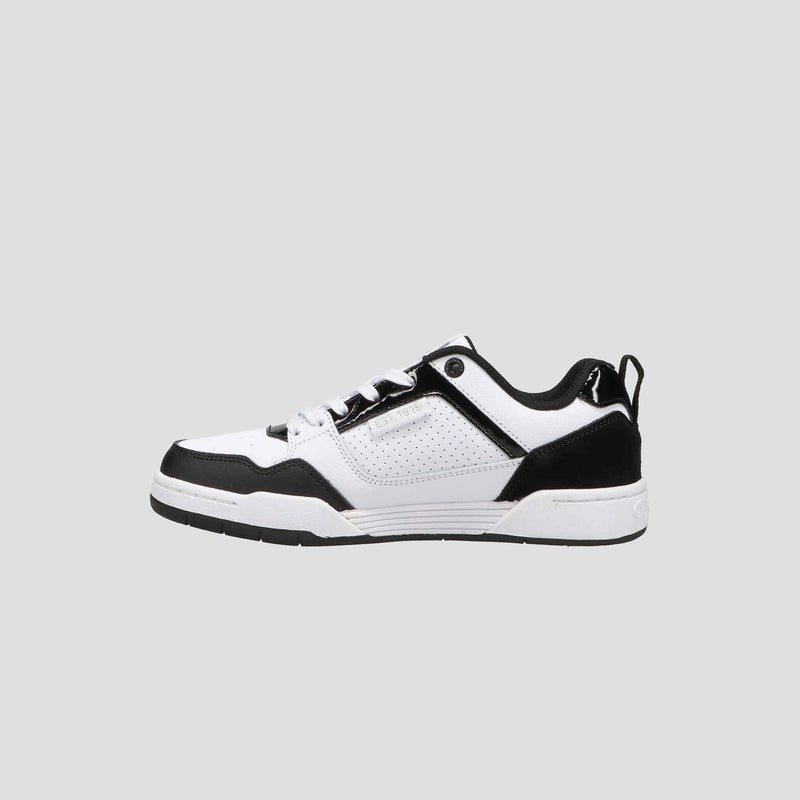 The Champion Women's 5-on-5 Low is a black and white low-top sneaker for women, featuring black laces, a white sole, and black accents on the toe, heel, and lace area, shown against a light gray background.