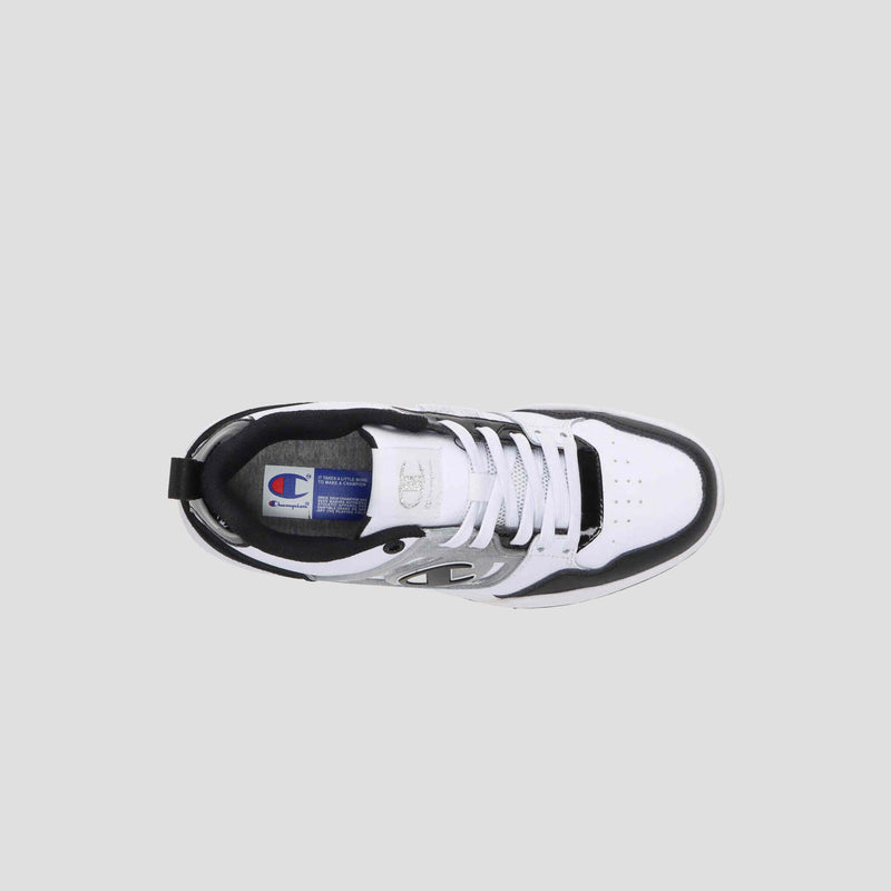 Top view of the Champion Women's 5-on-5 Low sneaker in white and black with laces, a cushioned collar, and Champion logos on the tongue and side, set against a plain light gray background.