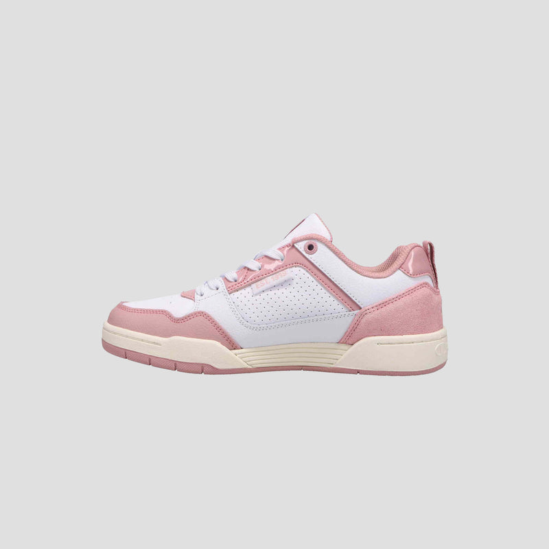 The Champion Women's 5-on-5 Low is a low-top sneaker with white and pink panels, white laces, a cushioned collar, and a light pink rubber sole, presented against a plain light gray background for a minimalist look.