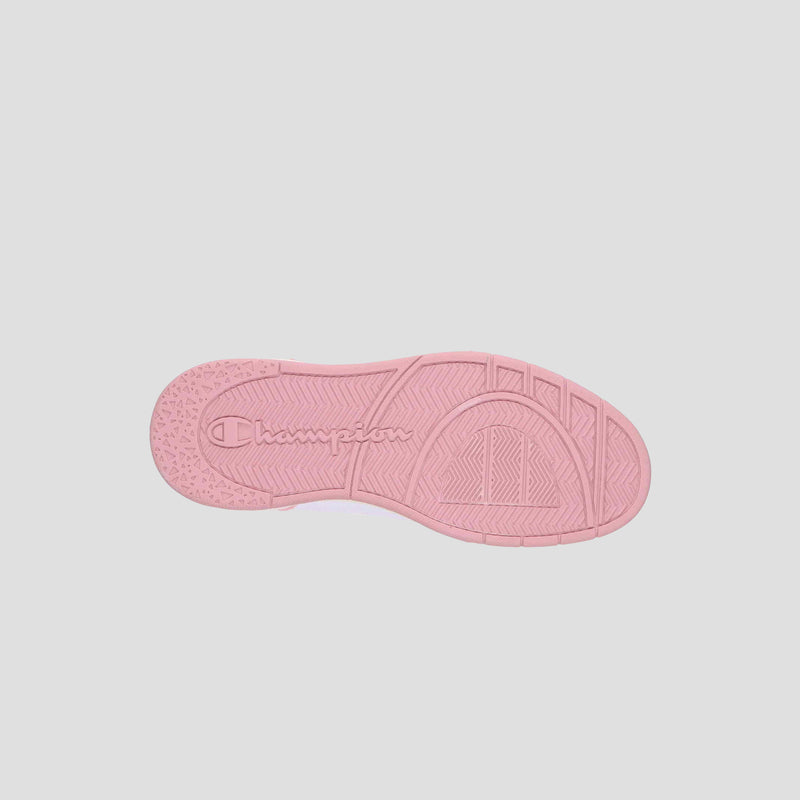 The Women's 5-on-5 Low by Champion features a pink sole with textured patterns and "champion" embossed in the center, set against a light gray background—a standout in minimalist women's sneaker design.