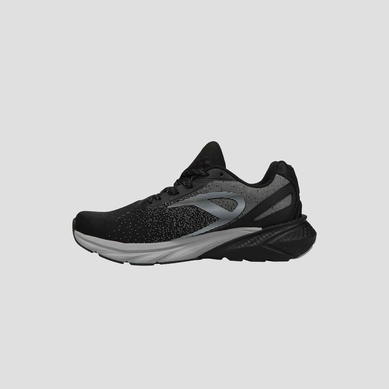 The Champion Men's Alpha is a black and gray athletic running shoe with a white and black sole, ideal for gym workouts, shown from the side on a plain light gray background.