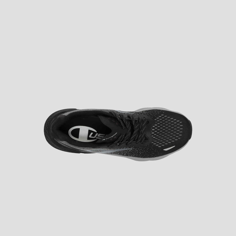 Top view of the Champion Men's Alpha sneaker in black with black laces, a white C logo on the insole, and a white toe pattern—ideal for gym workouts—set against a plain gray background.
