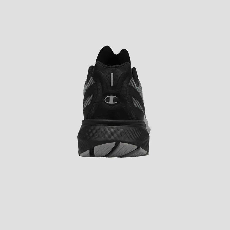 Back view of the Champion Men's Alpha in black with grey accents and a black sole, featuring the Champion logo on the heel—ideal athletic sneakers for gym workouts—displayed on a plain light gray background.