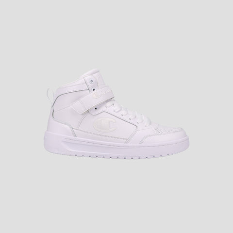 The Champion Men's Drome 19 High is a stylish white high-top sneaker featuring a lace-up front, velcro strap, cushioned insole, and embossed C logo on the side, shown against a plain light gray background.