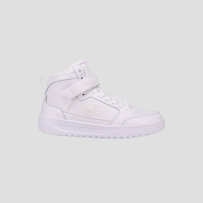 The Champion Men's Drome 19 High is a stylish white high-top sneaker featuring a lace-up front, velcro strap, cushioned insole, and embossed C logo on the side, shown against a plain light gray background.