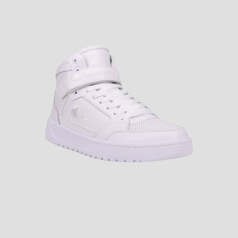 The Champion Men's Drome 19 High is a white high-top sneaker featuring a lace-up front, perforated toe, cushioned insole, and thick rubber sole, shown on a light grey background.