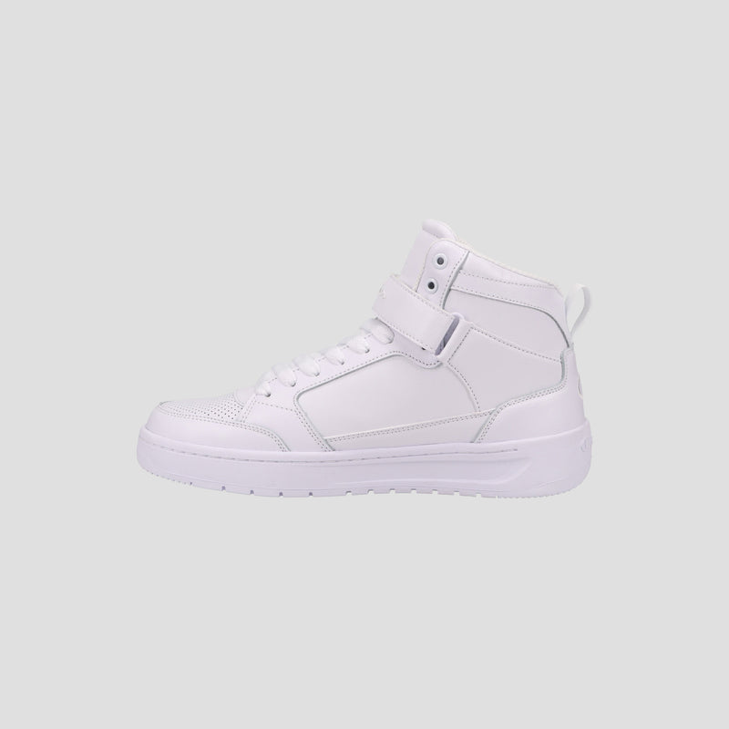 The Champion Men's Drome 19 High is a stylish white high-top sneaker with laces and a strap, shown in side view on a light gray background, and features a cushioned insole for comfort.