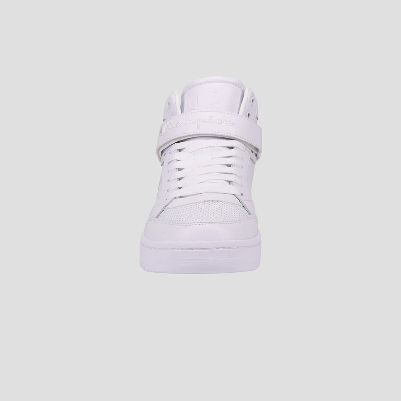 The Champion Men's Drome 19 High, a trendy white high-top sneaker with a velcro strap and laces, is shown from the front against a plain light gray background.