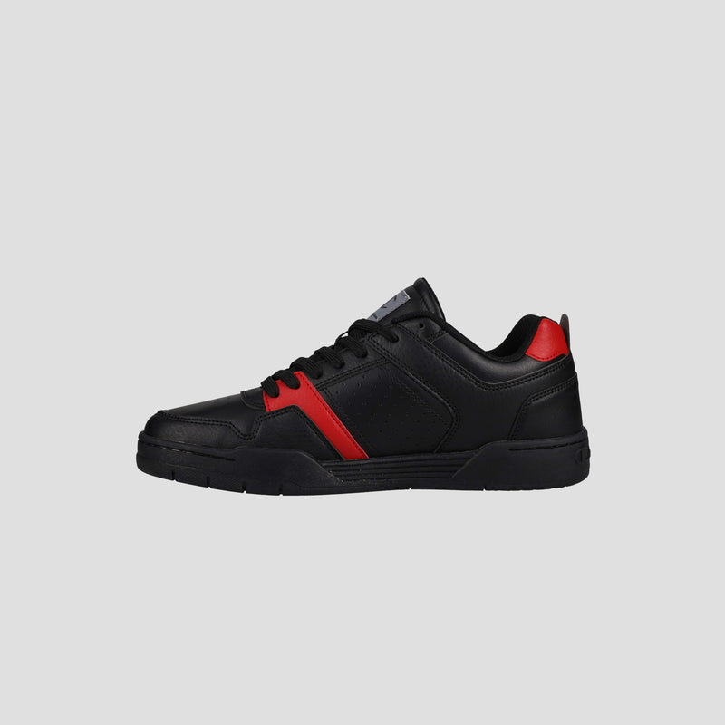 The Champion Men's 3-on-3 Court Low is a black low-top sneaker with red accents and a black sole, shown side view on a plain light gray background—ideal athletic footwear for men who value both comfort and style.