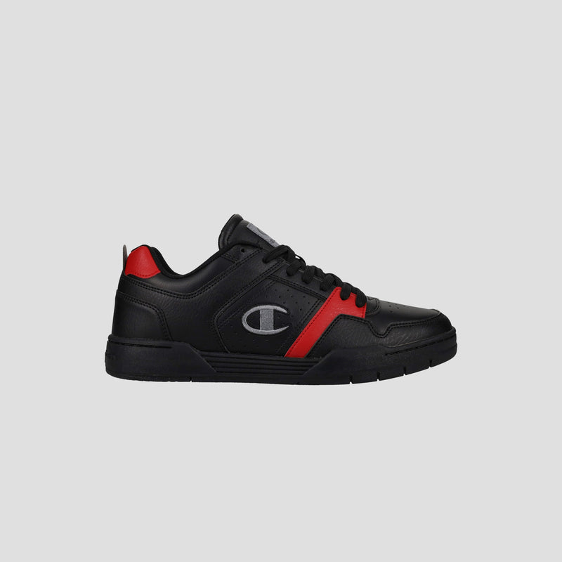 The Champion Men's 3-on-3 Court Low sneaker features black athletic footwear with red accents, black laces, and a gray C logo on the side, shown against a plain light gray background.