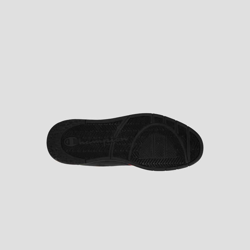 The sole of the Champion Men's 3-on-3 Court Low sneaker, shown from the bottom on a light gray background, features a textured tread pattern that highlights its quality athletic footwear design.