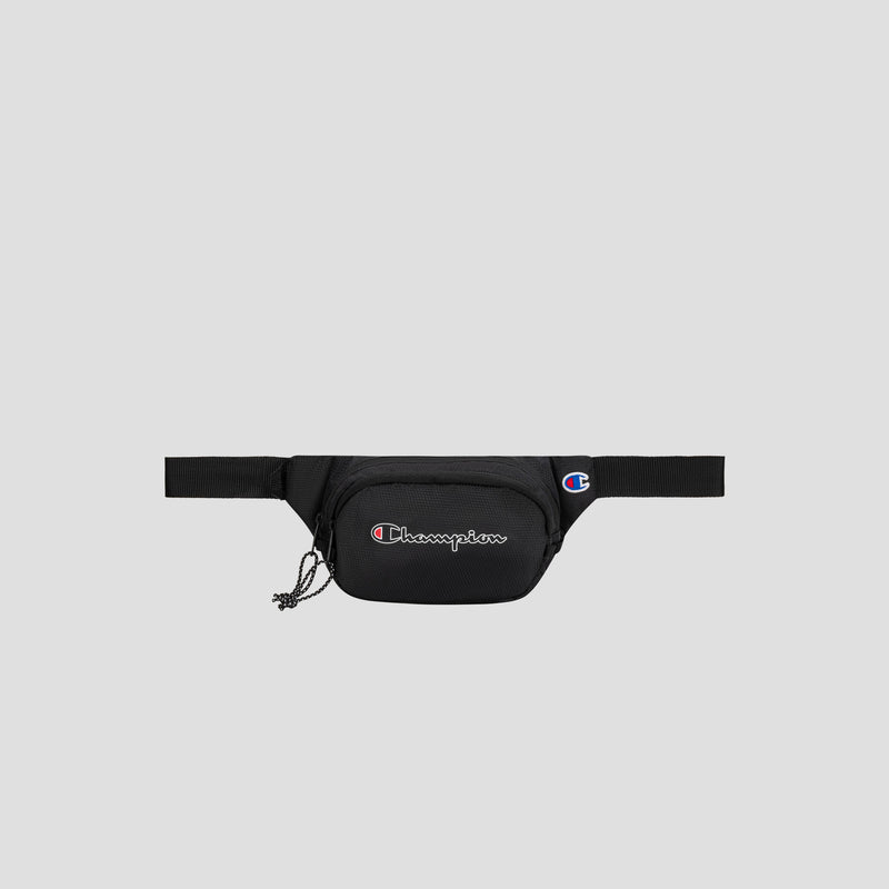 Black Champion Center Waist Pack with an embroidered logo on the front pouch, adjustable strap, and zipper pull, displayed on a plain light gray background.