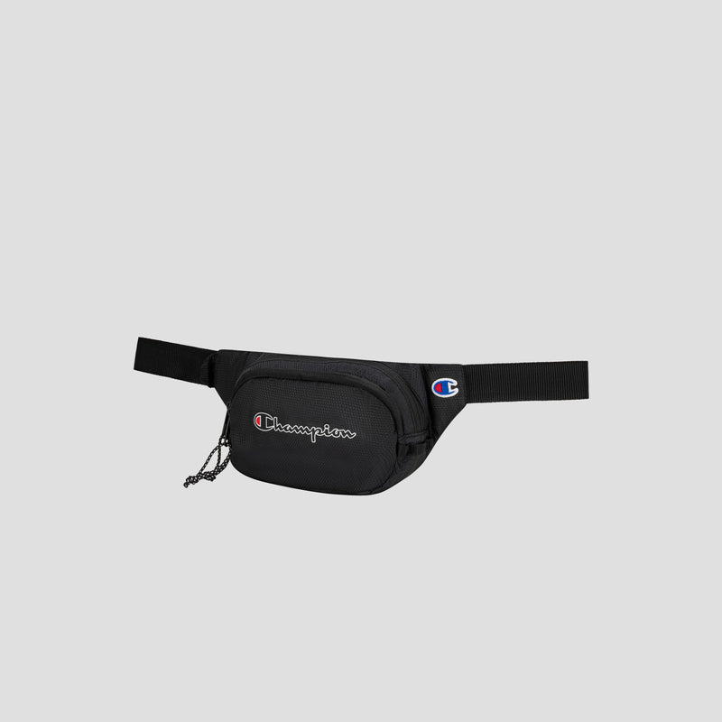 A black Champion Center Waist Pack featuring a front zipper pocket, a logo patch on the front, and an adjustable strap, displayed on a plain light gray background.