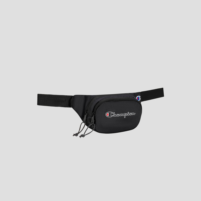 Center Waist Pack by Champion in black, featuring zippered compartments, a front logo detail, and an adjustable strap, shown against a plain light gray background.