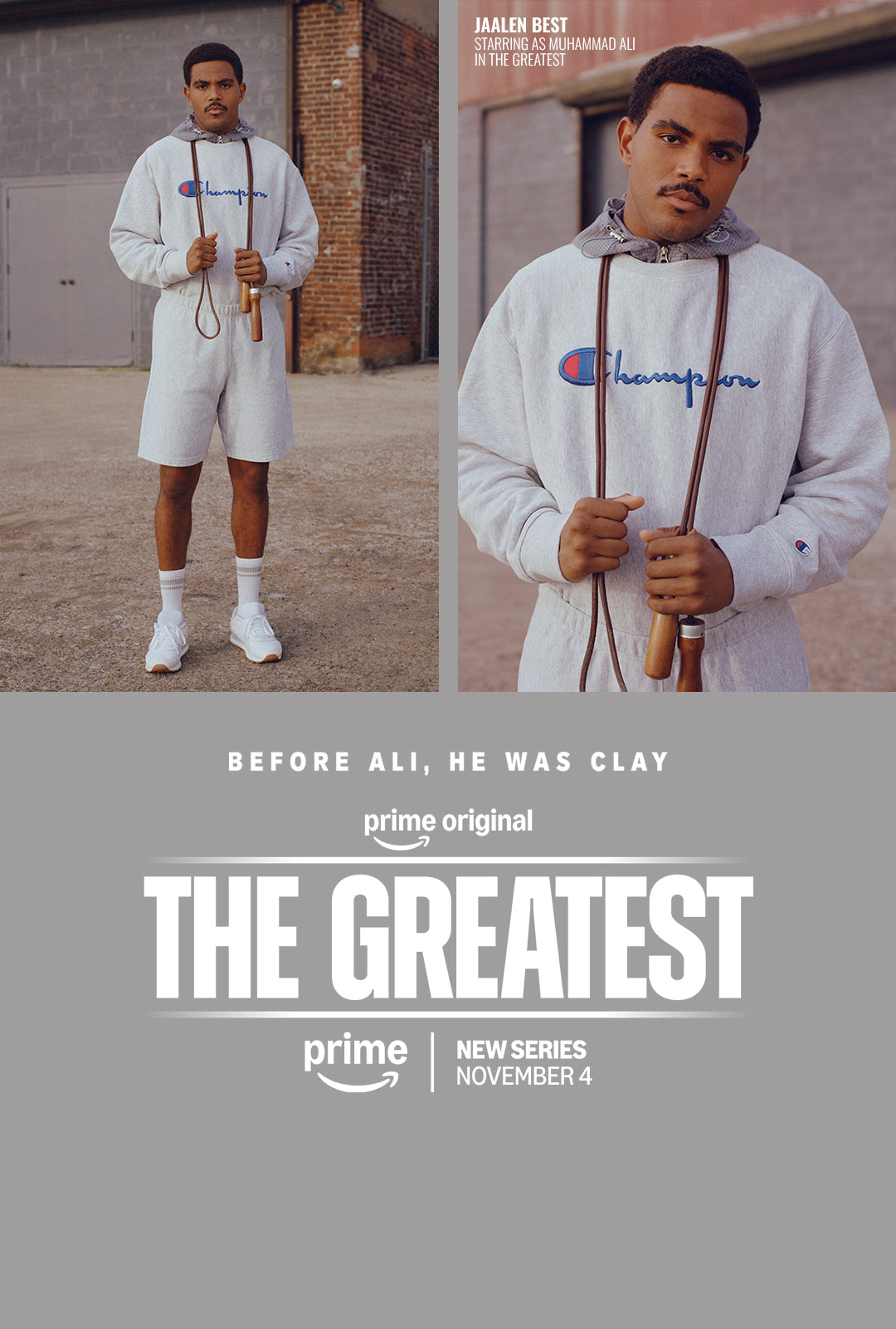 Promotional poster for the Prime Original series 'The Greatest' featuring actor Clay Davis in two photos wearing a white Champion hoodie and shorts, with text and the Prime logo on a gray background.