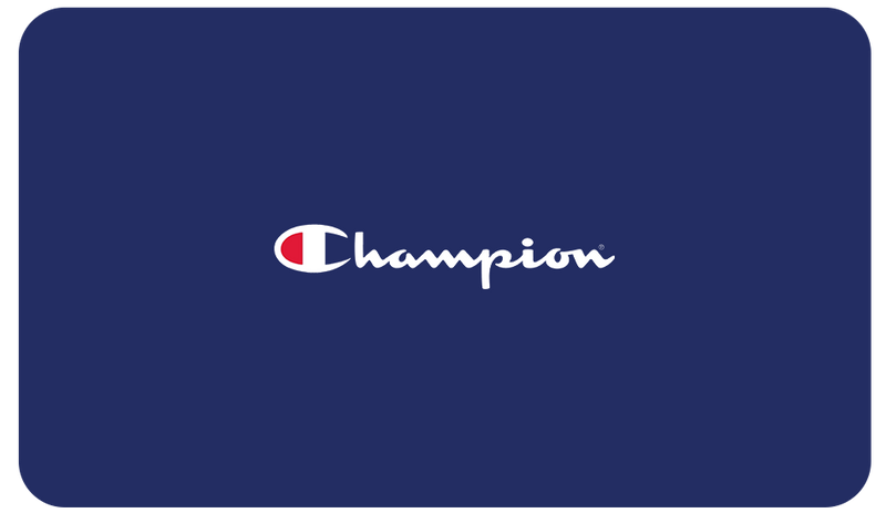 The image displays the white Champion script and a red, white, and blue C on dark blue—ideal for the Champion E-Gift Card, offering fans the perfect gift choice from Champion sportswear.