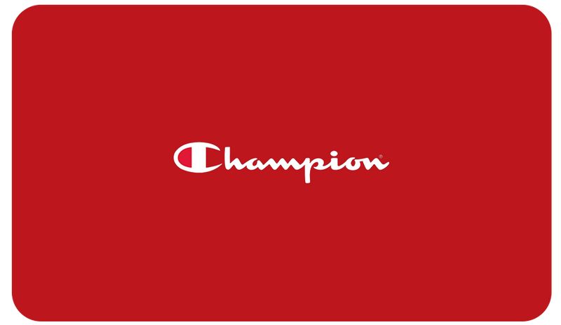 The image displays the Champion E-Gift Card logo in white text, centered on a solid red background with rounded corners, representing a versatile gift option for any Champion shopper.