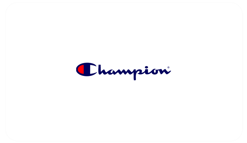 The image displays the Champion logo—blue cursive script with a red, white, and blue "C" on a white background—ideal for the Champion E-Gift Card, giving recipients the ultimate gift of choice.